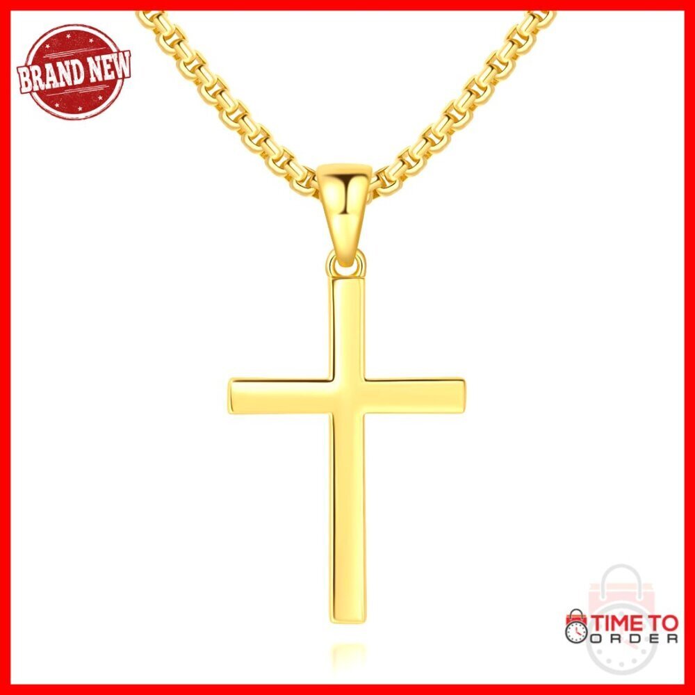 14K Gold Cross Pendant Necklace for Men, 20/22/24in Box Chain